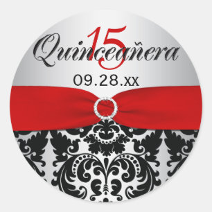 Vermelho, prata, etiqueta preta de Quinceanera do