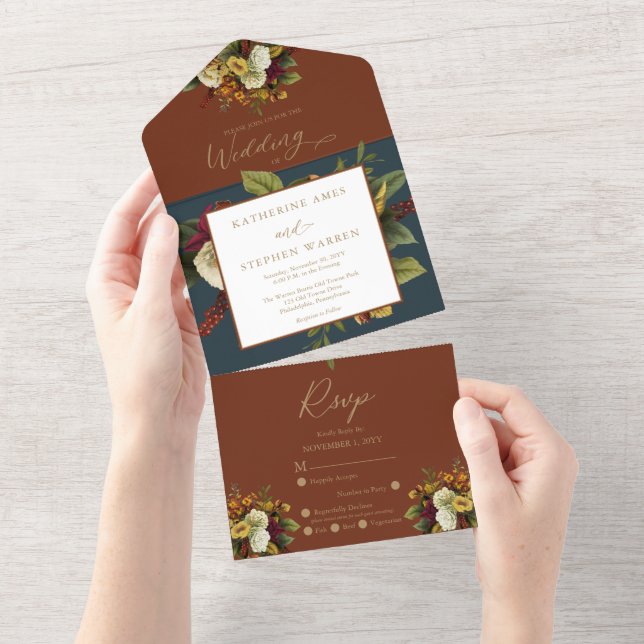 Vermelho Russo | Orange Floral Buquê Teal Wedding (Aba destacável)