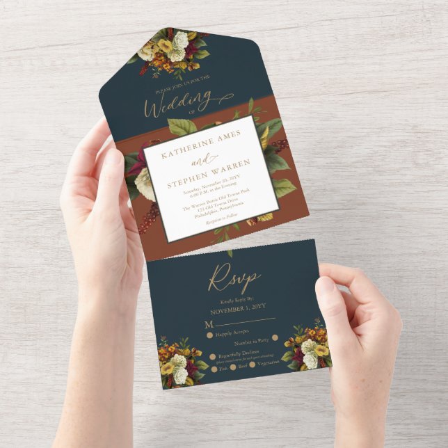 Vermelho Russo | Orange Floral Buquê Teal Wedding (Aba destacável)