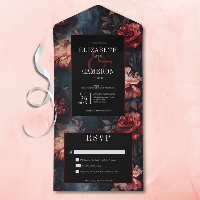 Vermelhos Vermelhos e Vermelhos Cor-de-rosa Escuro (Dark Gothic Vintage Red & Pink Floral All in One Wedding Invitation without Dinner Options)