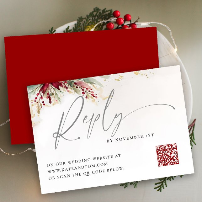 Vermelhos Vermelhos Vermelhos Vermelhos Cartão de  (winter wedding christmas bow greenery berries watercolor rsvp card meal elegant modern qr code)