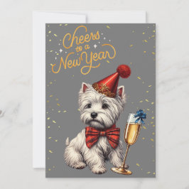 Véspera de ano novo Westie com cartão de champanhe
