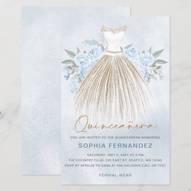 Vestido Azul Dourado Quinceañera Convide (Frente/Verso)