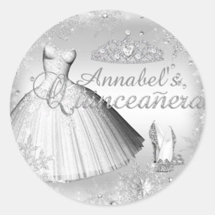 Vestido Brilho Prata & Tiara Adesivo Quinceanera