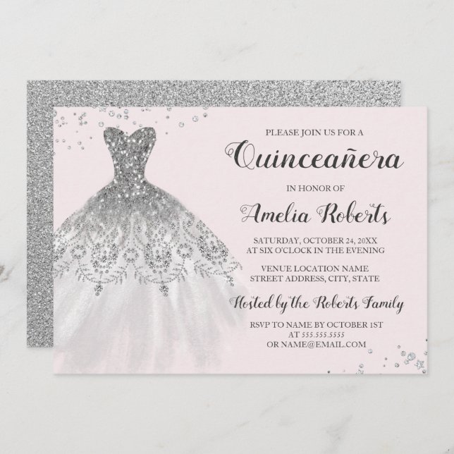 Vestido Cinza Rosa Cinza Quinceanera Convite (Frente/Verso)