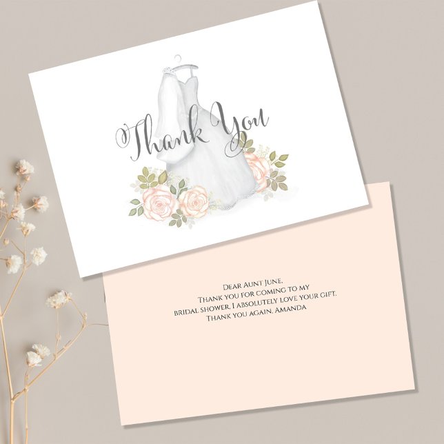 Vestido de Noiva Chá de Noiva Agradecimento (Stylish Thank you postcard with blush pink roses. )