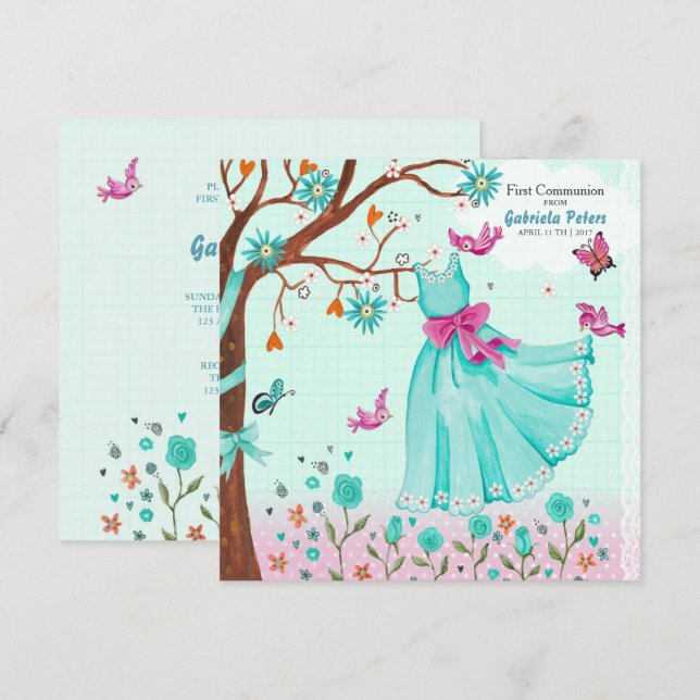 Vestido de Primeira Comunhão | Convites Menina (Frente/Verso)