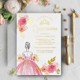 Vestido Floral Rosa Princesa Quinceanera Dourado