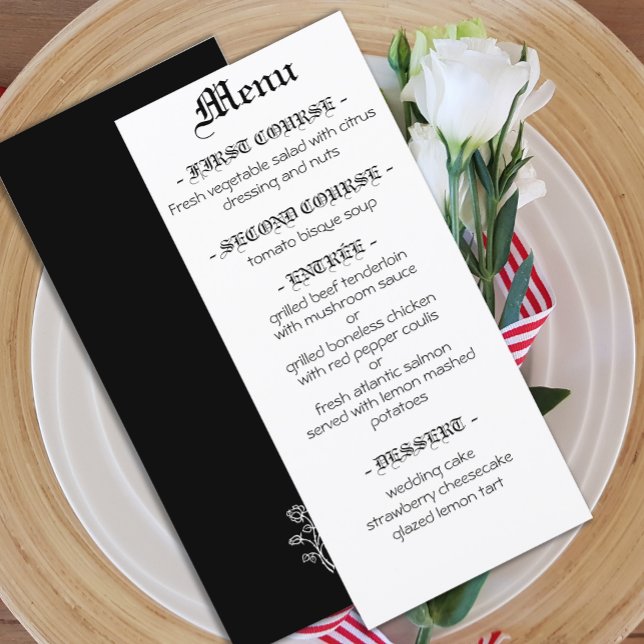 Vestido preto casado Menu de tipografia elegante g (Criador carregado)