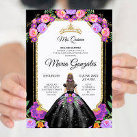 Vestido Preto e Rosas Mis Quince Convite