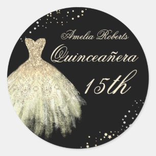 Vestido Quinceanera Brilho Ouro Preto Adesivo