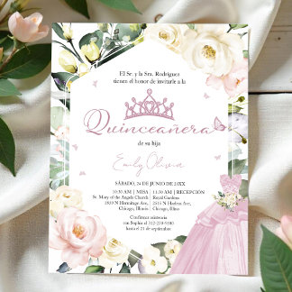 Vestido Rosa, Quinceañera Floral Convite Espanhol