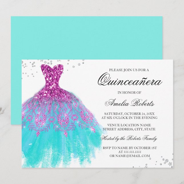 Vestido Rosa Verde Brilho Convite Quinceanera (Frente/Verso)