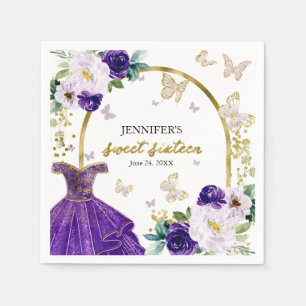 Vestido Roxo Floral Sweet 16 Guardanapos Borboleta