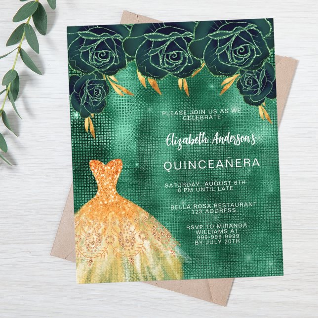 Vestido verde de ouro Quinceanera convite (Criador carregado)