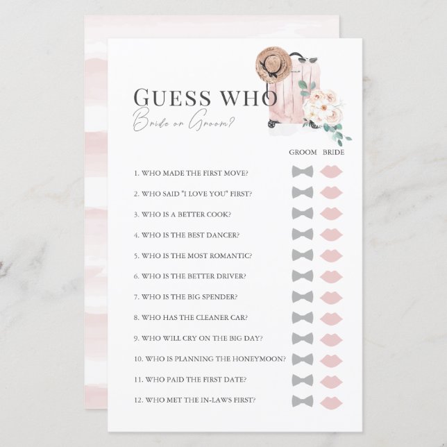 Viagem cor-de-rosa Chá de panela Suitcase Adivinha (Frente/Verso)