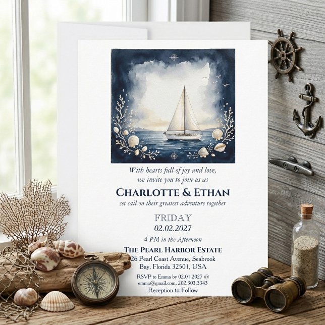 Viagem Elegante do Iate do Amor Convite de Casamen (Elegant Voyage of Love Sailboat Nautical Wedding Invitation)
