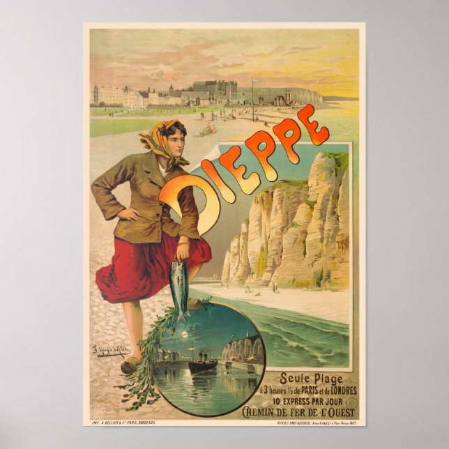 Viagens vintage da Dieppe France - Poster de 1900 (Frente)