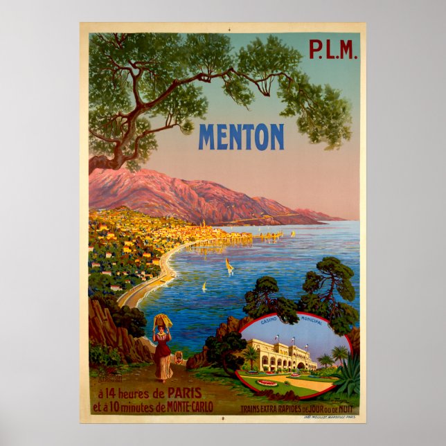 Viagens vintage - Menton - Poster da Riviera Franc (Frente)