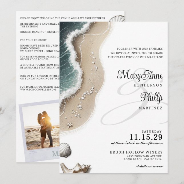 Vibe de Praia com Convite de Casamento Detalhado (Frente/Verso)