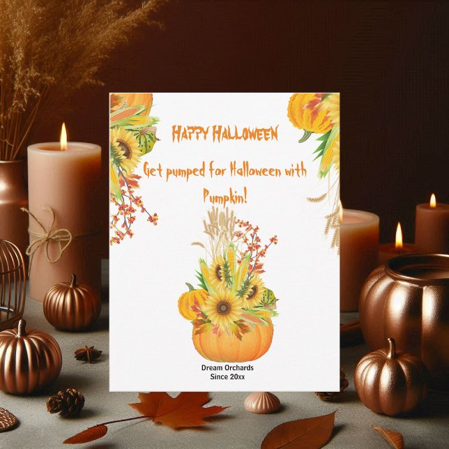 Vibração Abóbora Abóbora Aquarela Flores (Vibrant Halloween Pumpkin Watercolor Sunflowers)