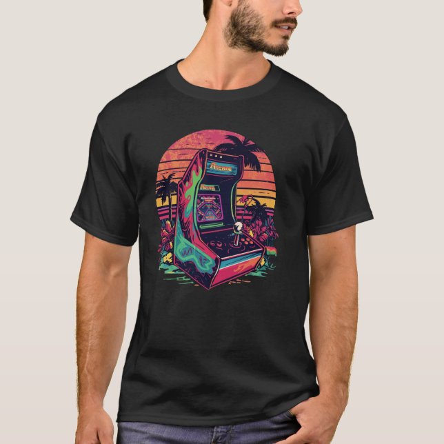 Vibrações de Retro Gamer – Camiseta Neon de Arcade (Frente)