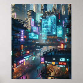 Vibrant Neon Cyberpunk Street Scene Poster