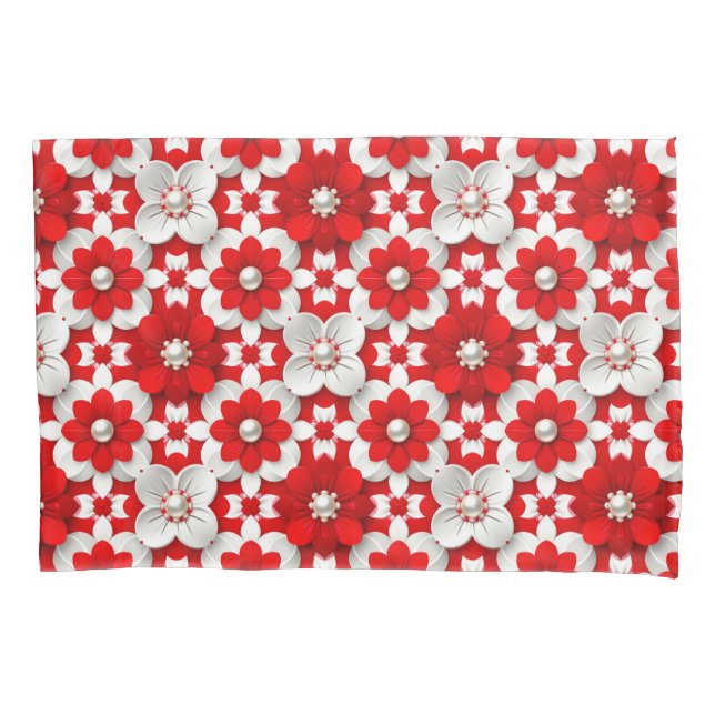Vibrant Red And White Floral Pattern With Pearl (Frente)