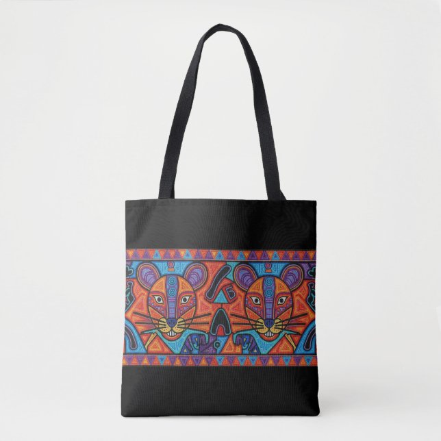 Vibrant Tribal Spirit Cats Tote Bag – Huichol- (Frente)