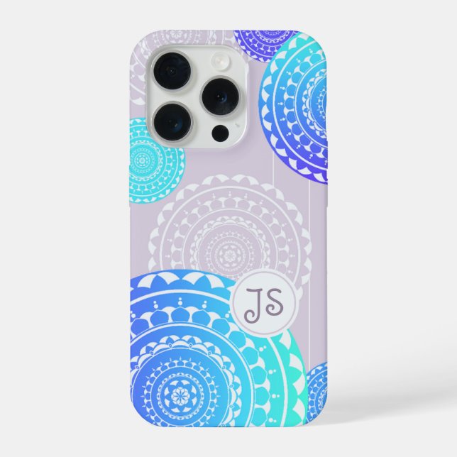 Vibrante Aqua Blue Random Mandala em Monograma Ros (Verso)