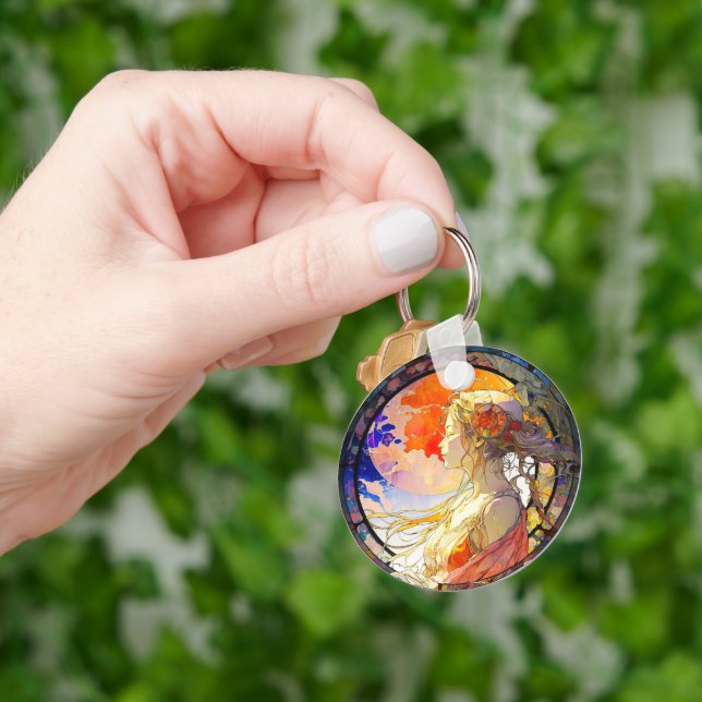 Vibrante Aquarela de Garota Redonda Chaveiro (Mão)