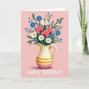 Vibrante cartão de aniversário com jarra de flores