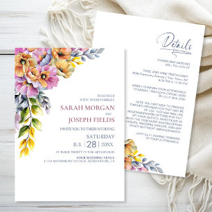 Vibrante Convite de Casamento Floral Rosa e Laranj