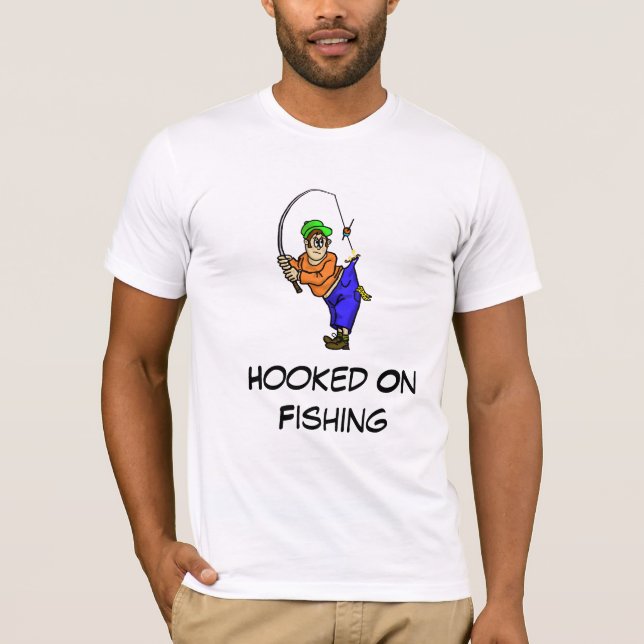 Viciado em T-shirt de cartoon de pesca (Frente)