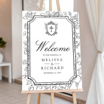 Victorian White Catholic Wedding Welcome Sign