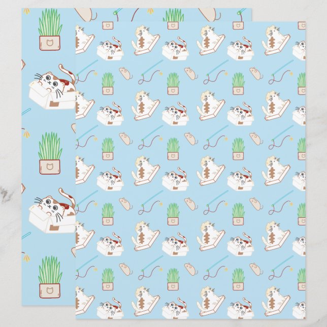 Vida de Gato Padrão de Gato Doodle Azul Scrapbooki (Frente/Verso)