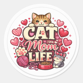 Vida de Mãe de Gato Adesivo Redondo – Corações Fof