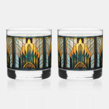 Vidro Art Déco Manchado em Dourado Verde Preto