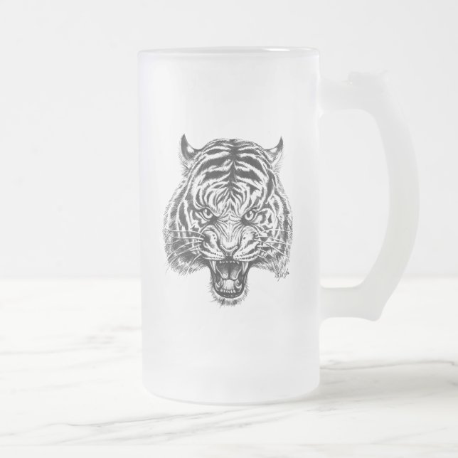 Vidro Jateado Caneca de cerveja alta tirada mão da arte do tigre (Direita)