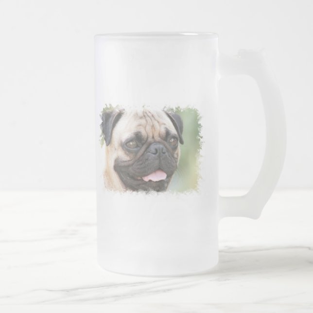 Vidro Jateado Caneca de cerveja do fosco do cão do Pug (Direita)