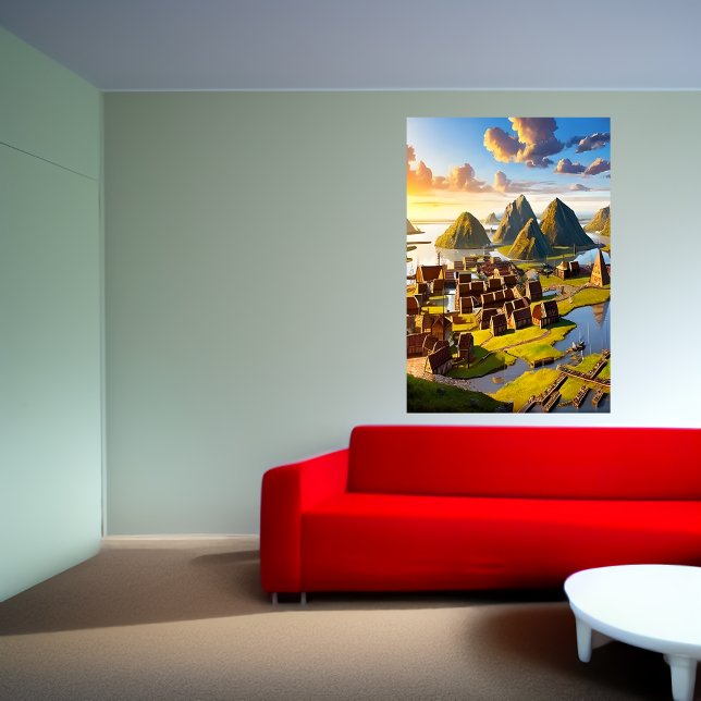 Viking a vila pelo mar | AI Art Poster (Criador carregado)