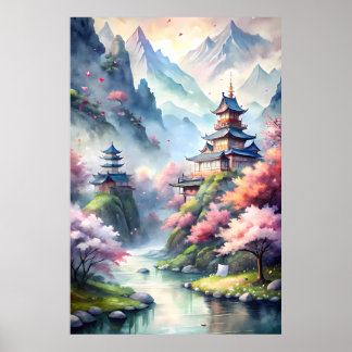 Vila de Aquarela Japonesa | Impressão de Paisagem 