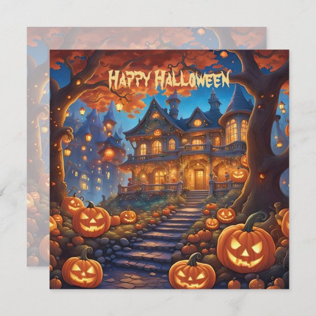 Villa Spooky na floresta, abóboras, Halloween (Frente/Verso)