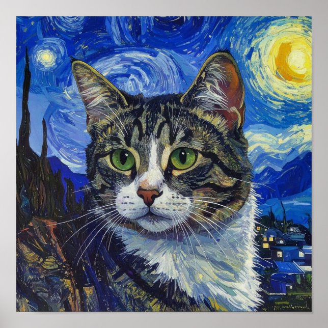 Vincent Van Gogh Starry Night Cat Portrait Poster (Frente)