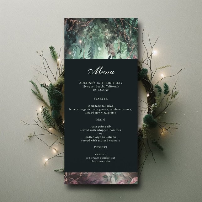 Vinhas Florestais Encantadas Dourado Menu Elegante (enchanted forest sweet 16 birthday menu moody emerald green dripping lights watercolor calligraphy)