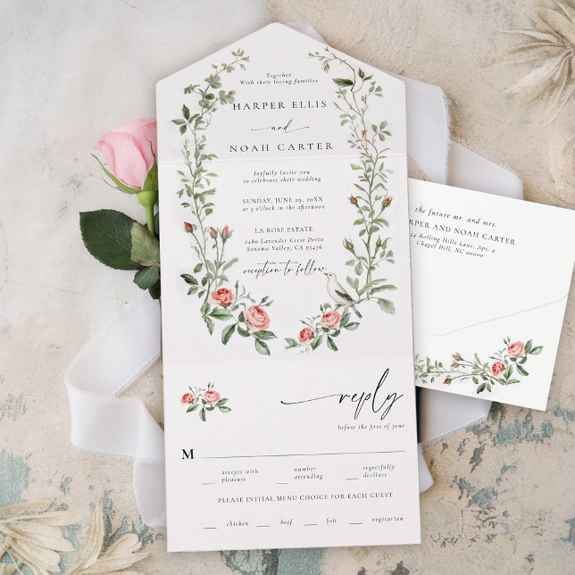 Vinhas Rosa de Aquarela Pássaros Todos Um Casament (watercolor wedding invitation french countryside cottage barn backyard all one spring summer roses)