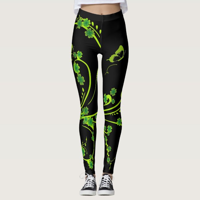 Vinhas Shamrock Elegantes e Borboletas Leggings (Frente)