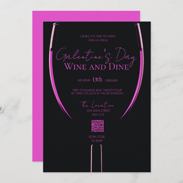 Vinho de Galentine e convite para código QR de jan (Frente/Verso)