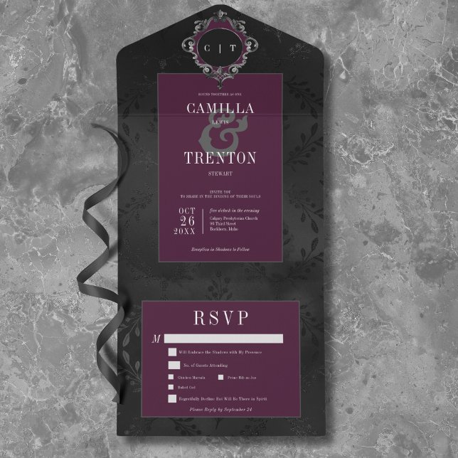 Vinho Preto Floral Gótico Escuro Cetim Jantar (Dark Gothic Black & Purple Floral Satin Dinner All In One Invitation)