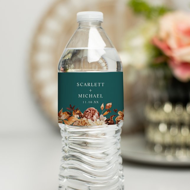 Vinho Rótulo de Garrafa de Água de Outono Verde-azulado (Teal Fall Floral Water Bottle Label by Painted Paperie
)